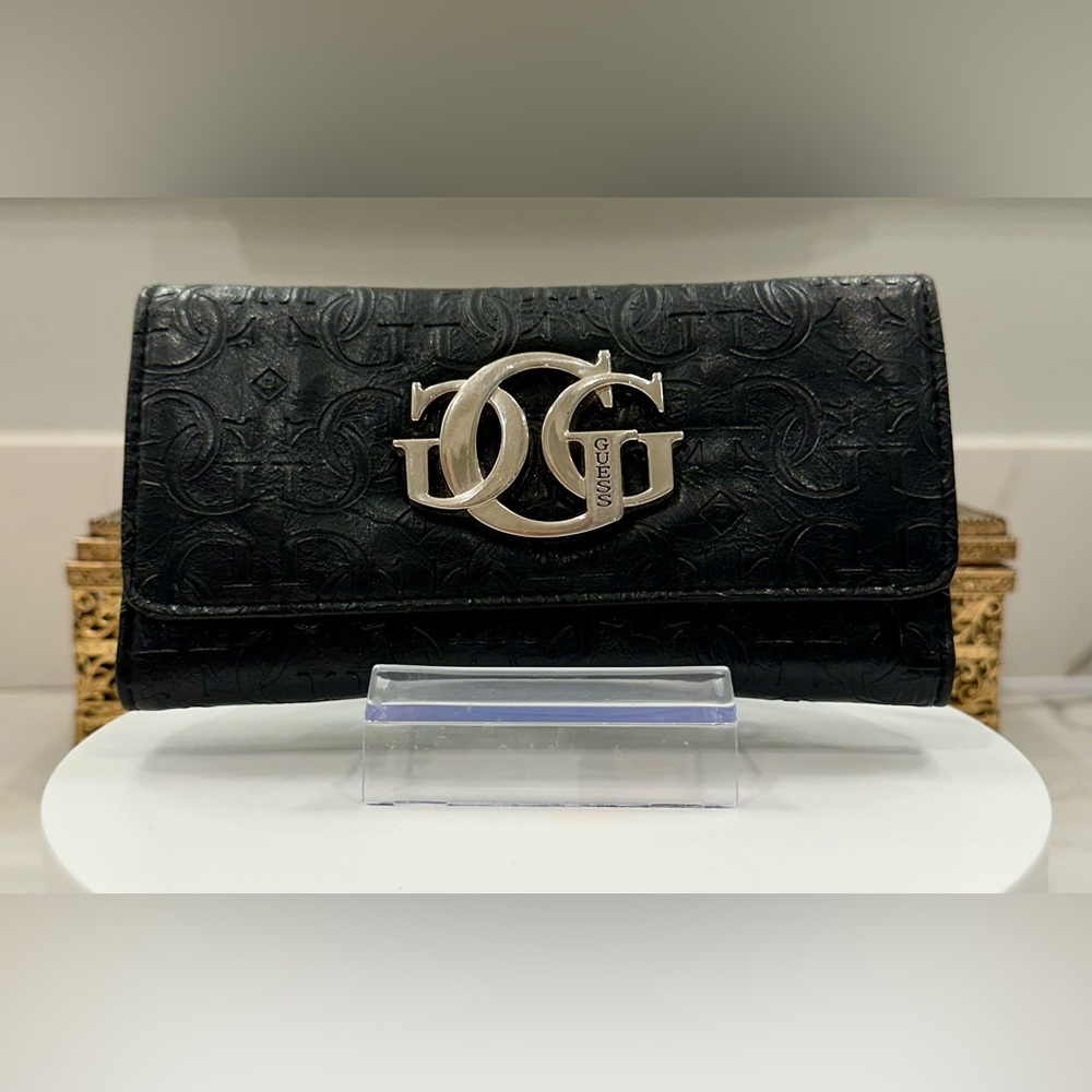 Guess - Black Embossed Tri-Fold Wallet - VGUC